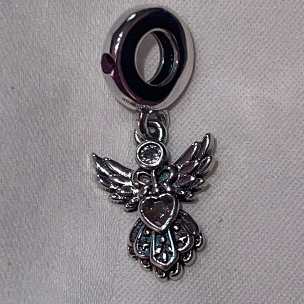 Sterling Silver Angel Charm Pendant with a Pink Gemstone Heart - Picture 3 of 11